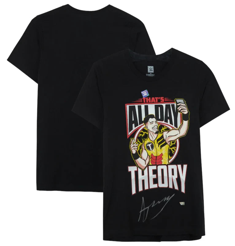 Austin Theory Autographed WWE Black That's All Day Theory Selfie T-Shirt Fanatics
