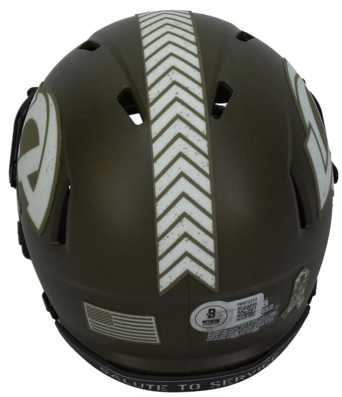 Marshall Faulk Autographed Rams 2022 Salute to Service Speed Mini Helmet Beckett Witnessed