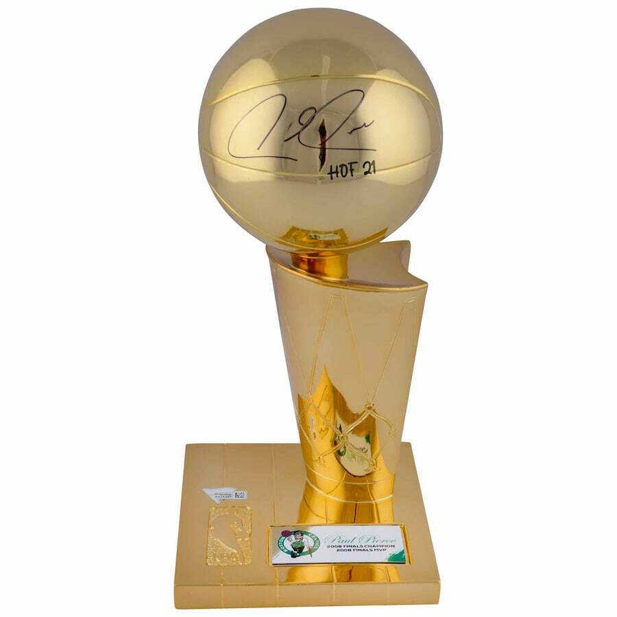 PAUL PIERCE Autographed/Inscribed "HOF 21" Boston Celtics 12" Larry O'Brien Replica Trophy FANATICS