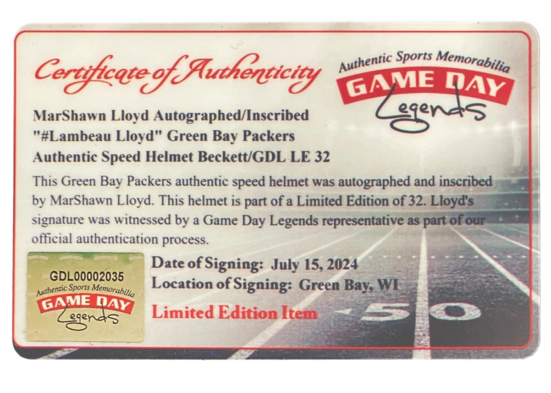 MarShawn Lloyd Autographed/Inscribed "#Lambeau Lloyd" Green Bay Packers Speed Authentic Helmet Beckett/GDL LE 32