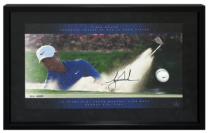 Tiger Woods Autographed Youngest to 50 Tour Titles Framed Breaking Through Display LE 8/50 UDA