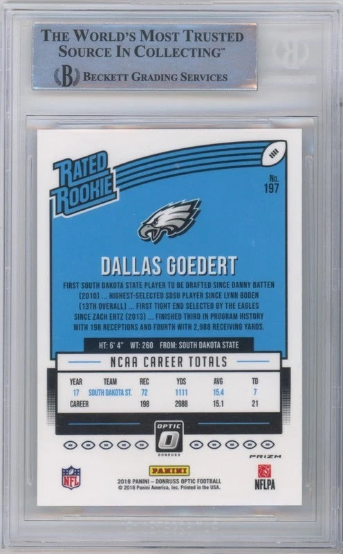Dallas Goedert Autographed Philadelphia Eagles 2018 Panini Donruss Optic Red & Yellow Rated Rookie #197 BAS Authenticated Rookie Card Fanatics