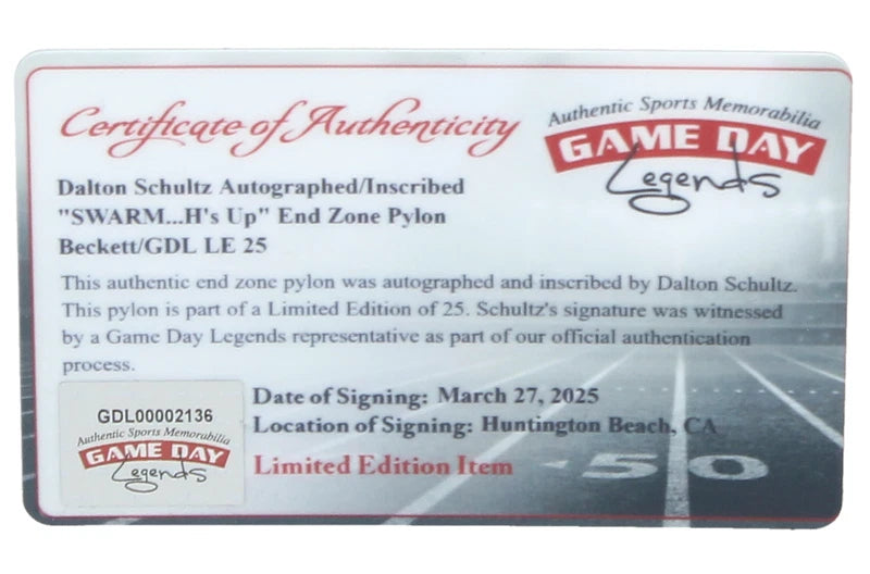 Dalton Schultz Autographed/Inscribed "SWARM...H's Up" End Zone Pylon Beckett/GDL LE 25