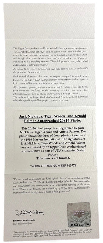 Jack Nicklaus/Arnold Palmer/Tiger Woods Triple Autographed 1996 Masters 16" x 20" Framed Photograph UDA
