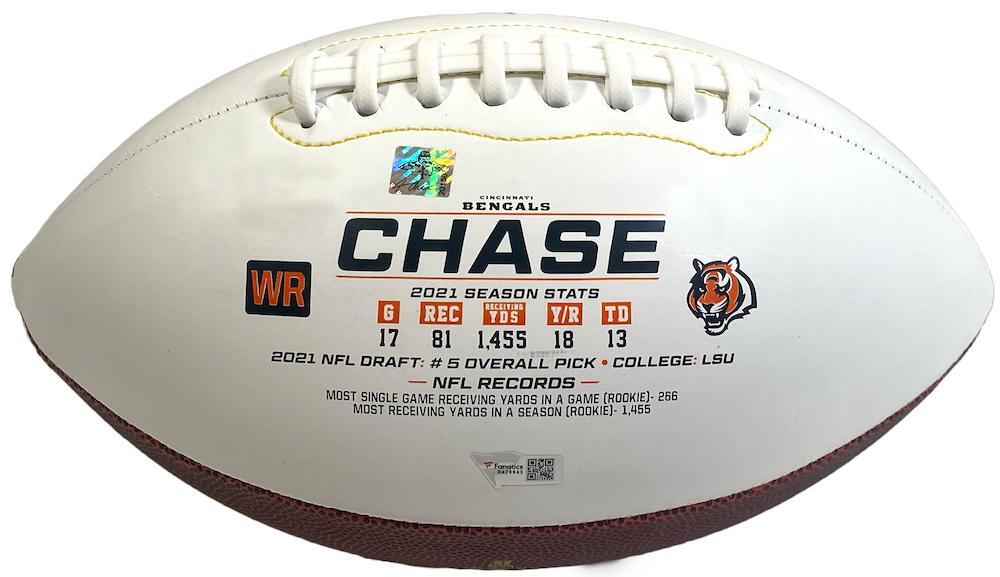 JA'MARR CHASE Autographed/Inscribed "2021 OROY 81 Rec 1,455 yrds" Cincinnati Bengals White Panel Football FANATICS LE 25