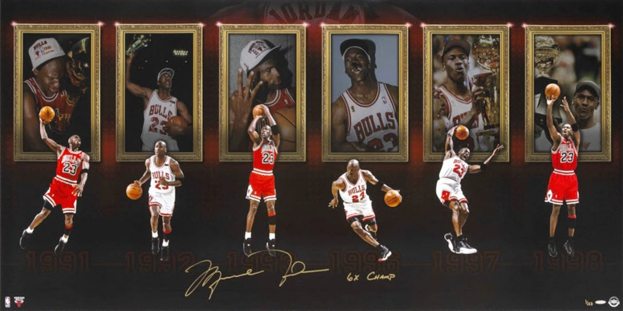 Michael Jordan Autographed & Inscribed 6X NBA CHAMPS" Chicago Bulls Museum of Excellence 60" x 30" Photo Collage UDA LE 1/123