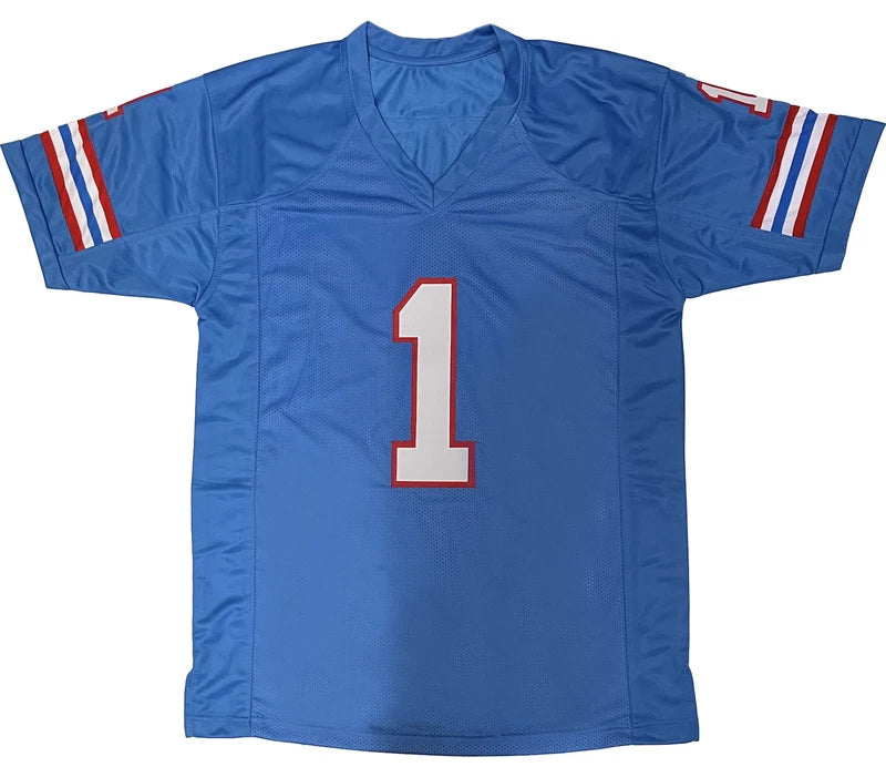 Warren Moon Autographed/Inscribed "HOF '06" #1 Baby Blue Throwback Custom Jersey Beckett Witnessed