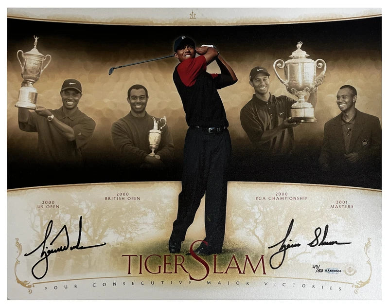 Tiger Woods Autographed "Tiger Slam" 16" x 20" Stretched Canvas UDA LE 50