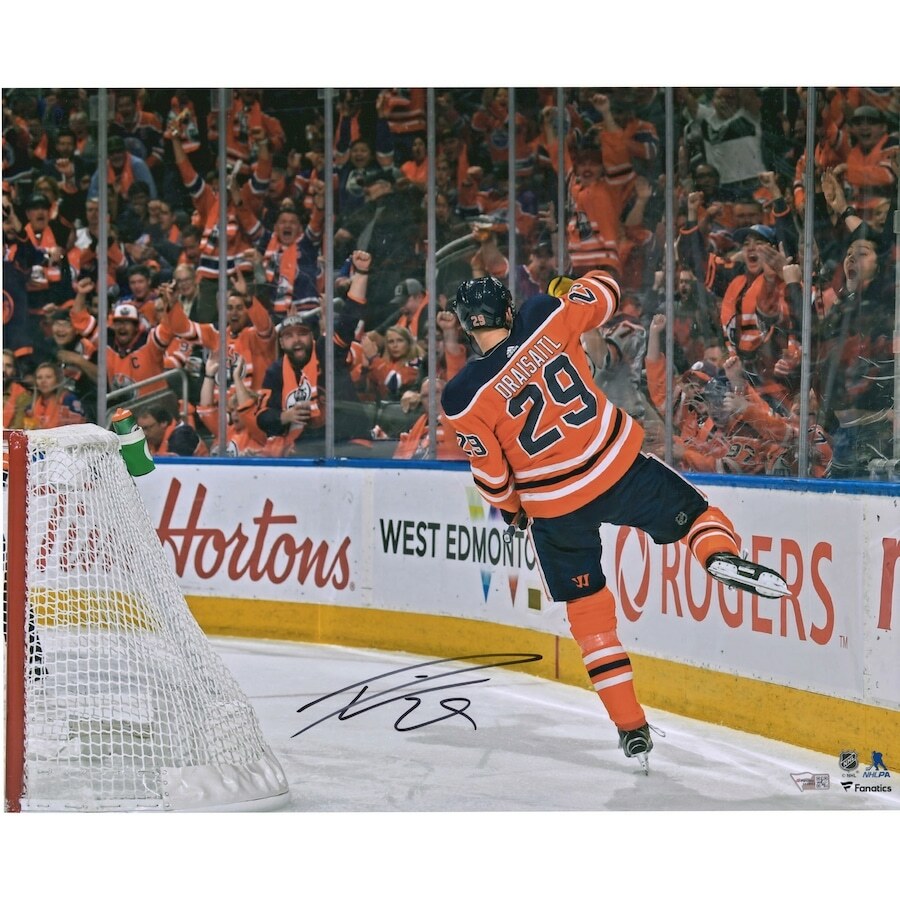 LEON DRAISAITL Autographed Edmonton Oilers Goal Celebration 16" x 20" Photograph FANATICS