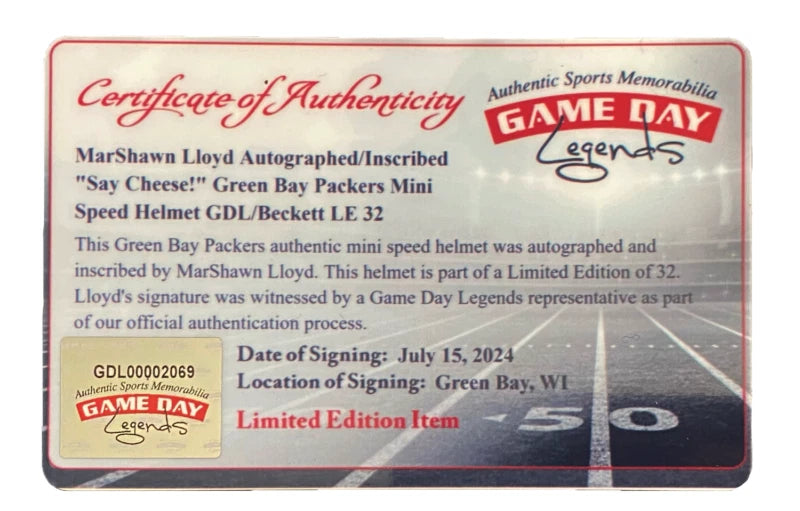 MarShawn Lloyd Autographed/Inscribed "Say Cheese!" Green Bay Packers Speed Mini Helmet GDL/Beckett LE 32