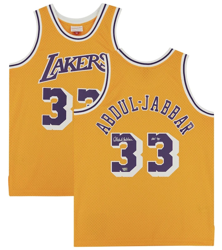 Kareem Abdul-Jabbar Autographed/Inscribed "HOF 95" Los Angeles Lakers Mitchell & Ness Gold 1984-85 Swingman Jersey Fanatics