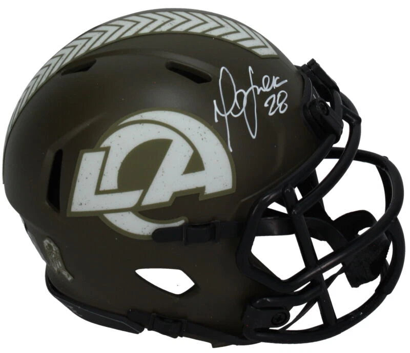 Marshall Faulk Autographed Rams 2022 Salute to Service Speed Mini Helmet Beckett Witnessed