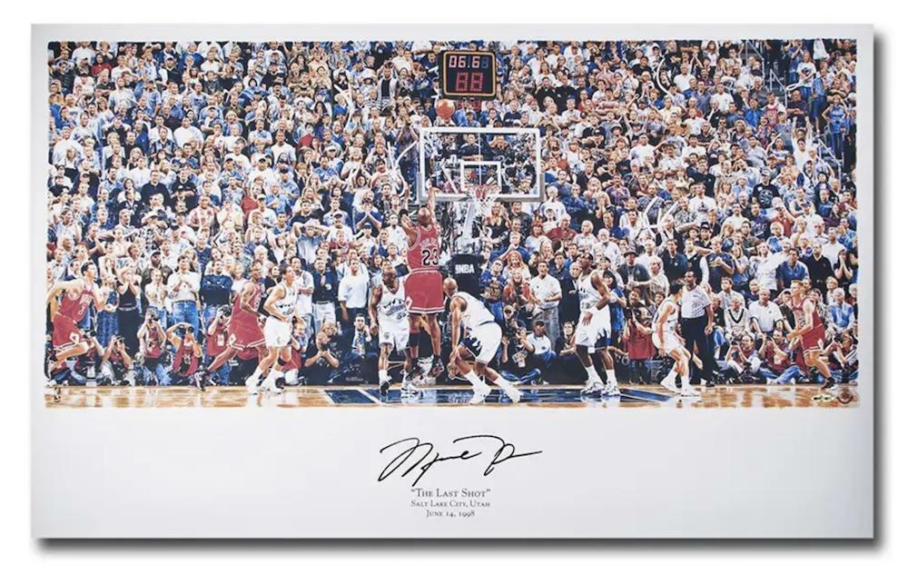 MICHAEL JORDAN Signed "98 Last Shot vs. Jazz" Illustration UDA.