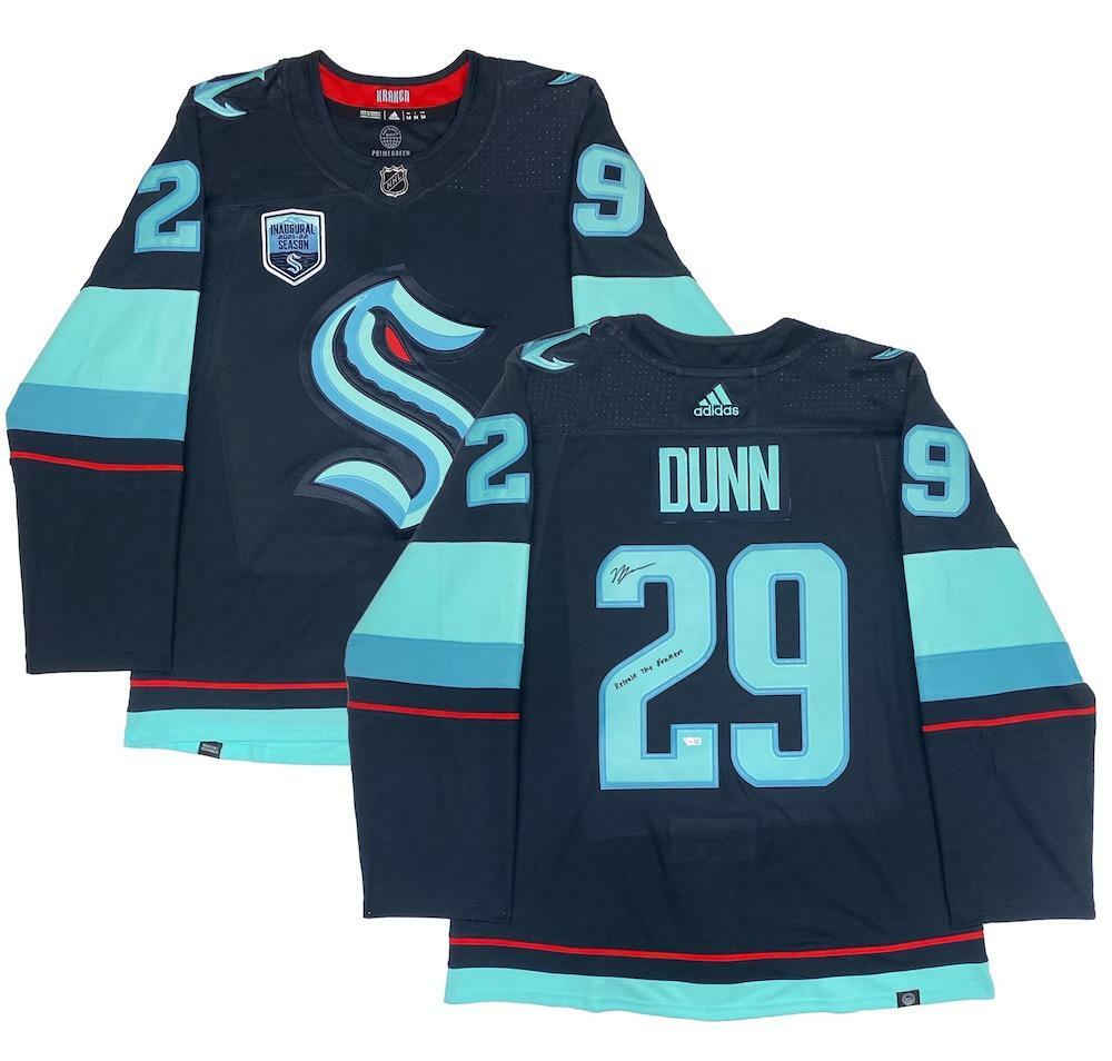 VINCE DUNN Autographed/Inscribed "Release the Kraken" Seattle Kraken Navy Adidas Authentic Jersey with Inaugural Season Patch FANATICS
