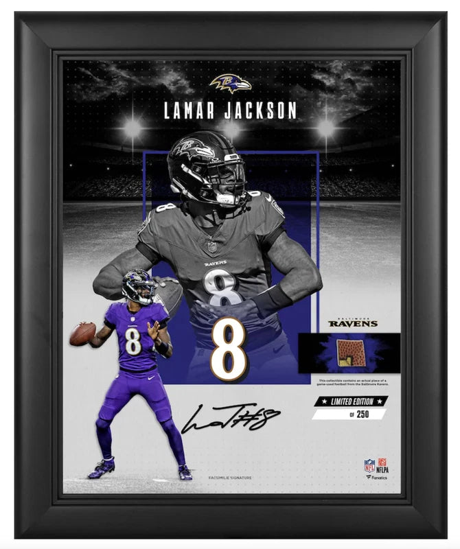 Lamar Jackson Baltimore Ravens Facsimile Signature Framed 11" x 14" Impact Collage with a Piece of Game-Used Football - Limited Edition of 250