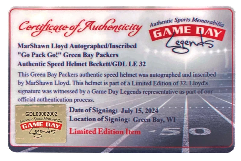 MarShawn Lloyd Autographed/Inscribed "Go Pack Go!" Green Bay Packers Speed Authentic Helmet Beckett/GDL LE 32