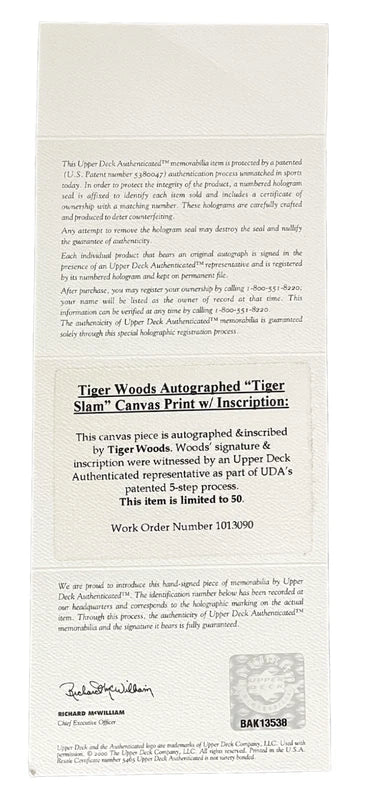 Tiger Woods Autographed "Tiger Slam" 16" x 20" Stretched Canvas UDA LE 50