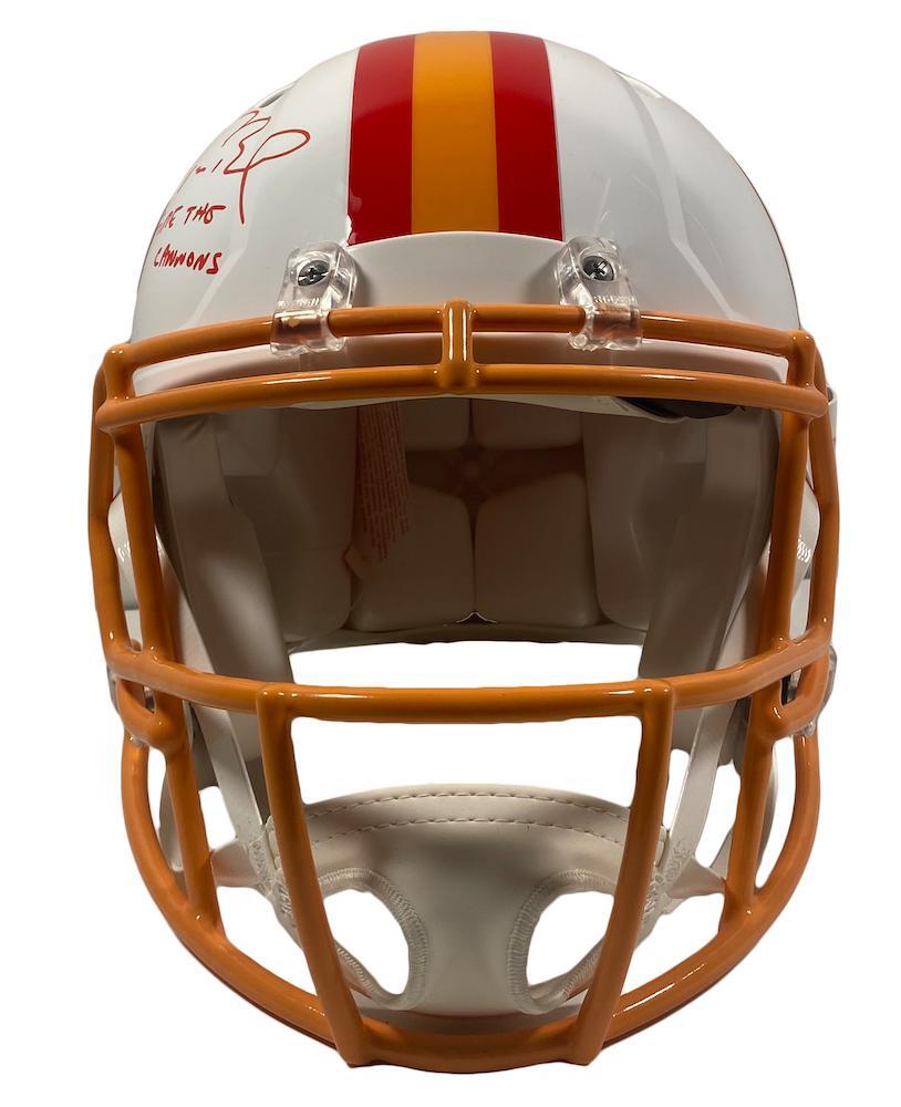 TOM BRADY Autographed/Inscribed "FIRE THE CANNONS" Tampa Bay Buccaneers Throwback Speed Authentic Helmet FANATICS LE 12