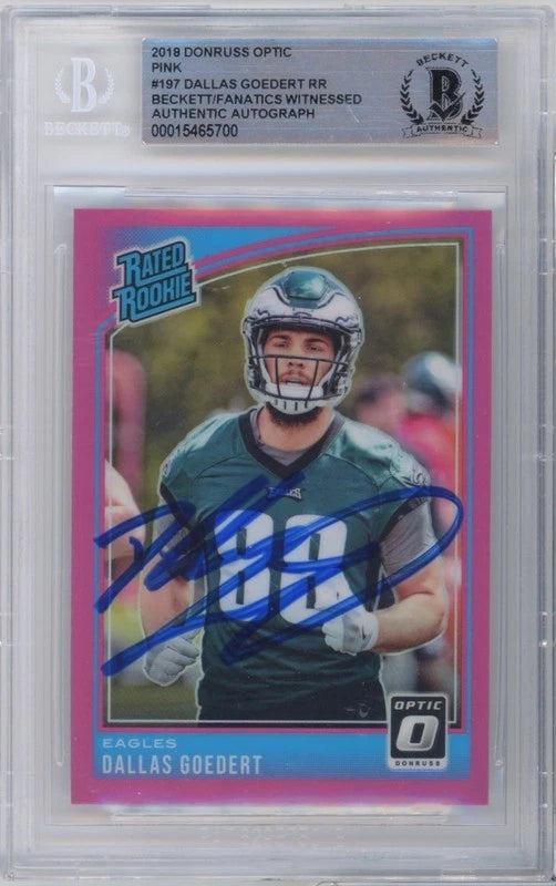 Dallas Goedert Autographed Philadelphia Eagles 2018 Panini Donruss Optic Pink Rated Rookie #197 BAS Authenticated Rookie Card Fanatics