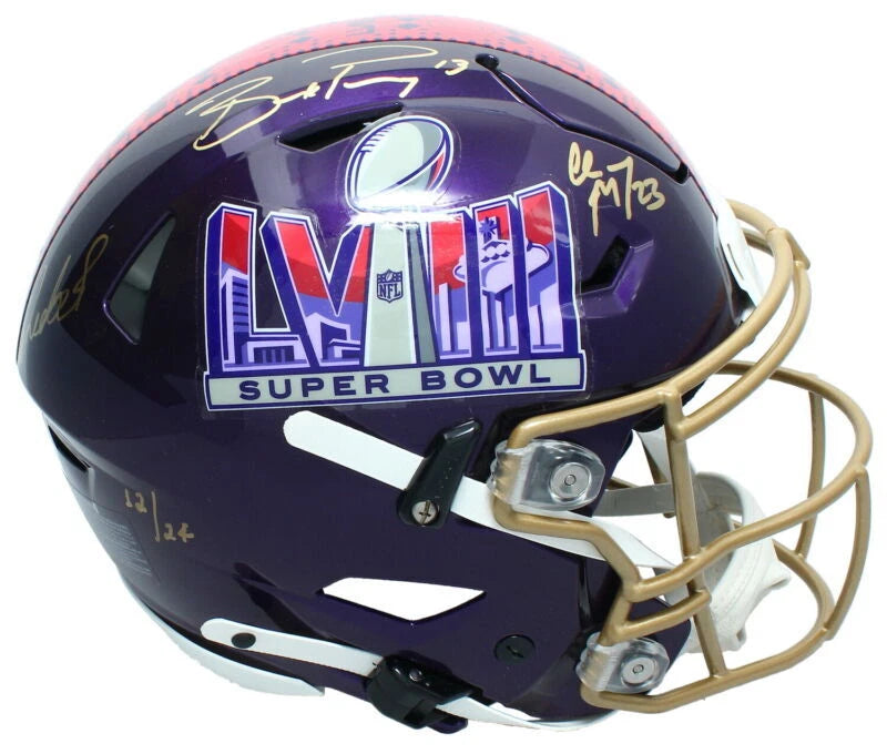 Brock Purdy/Christian McCaffrey/Deebo Samuel Triple Autographed Super Bowl LVIII Speedflex Authentic Helmet Fanatics LE 24