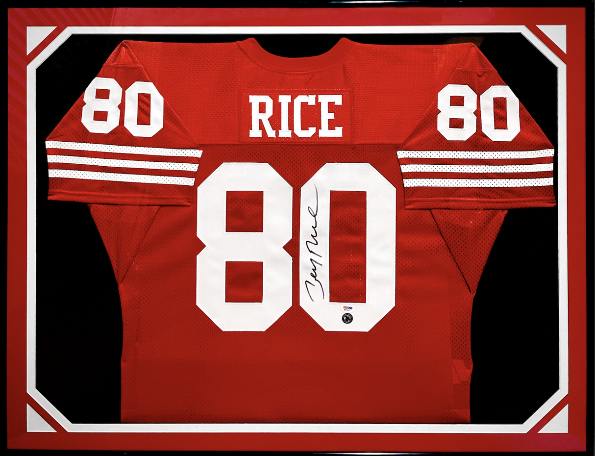 Jerry Rice Autographed Red #80 Framed Custom Jersey PSA/DNA