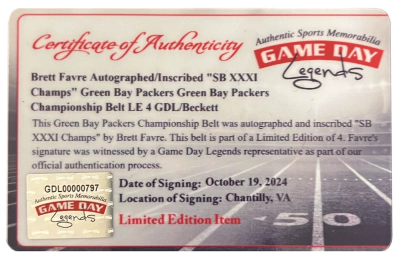 Brett Favre Autographed/Inscribed "SB XXXI Champs" Green Bay Packers Green Bay Packers Championship Belt LE 1/4 GDL/Beckett