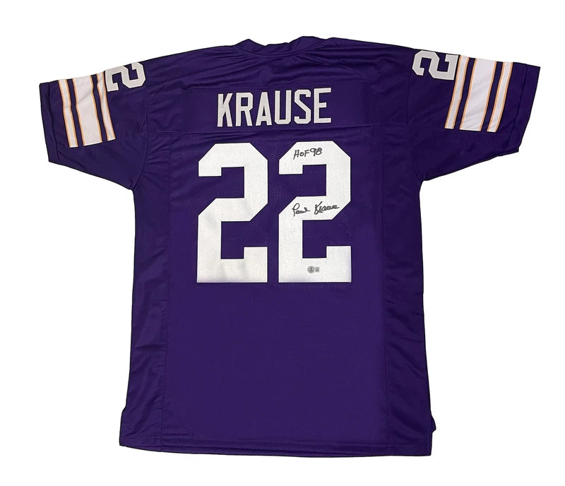 Paul Krause Autographed/Inscribed "HOF 98" #22 Purple Custom Jersey Beckett Witnessed