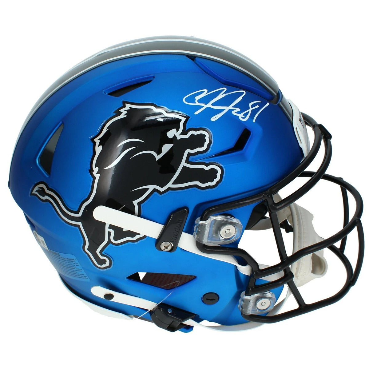 Calvin Johnson Autographed Detroit Lions Blue 2024 Alternate Speedflex Authentic Helmet Beckett Witnessed