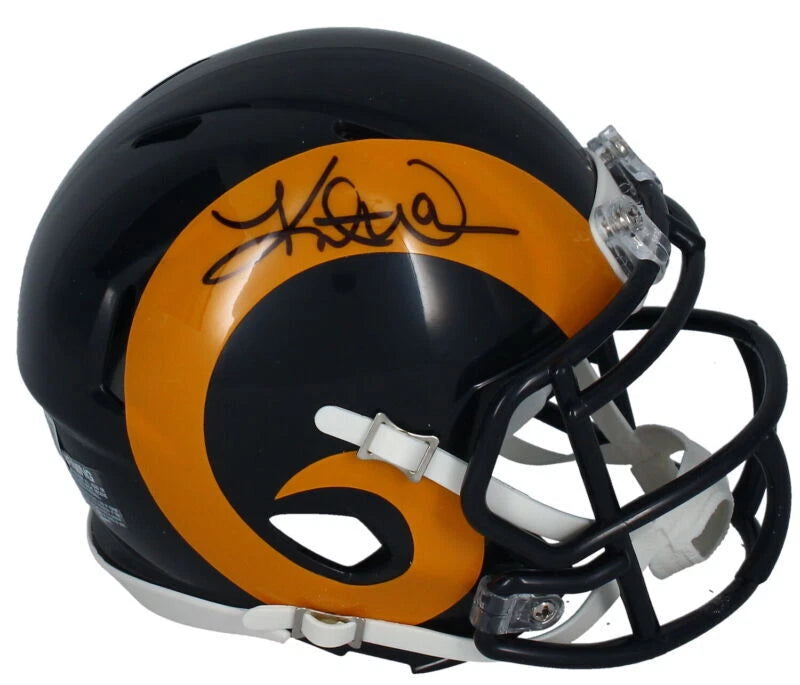 Kurt Warner Autographed Los Angeles Rams 1981-99 Throwback Speed Mini Helmet Beckett Witnessed