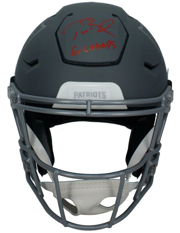 Tom Brady Autographed/Inscribed "6X CHAMPS" (in Red) New England Patriots Slate Speedflex Authentic Helmet LE 12/25
