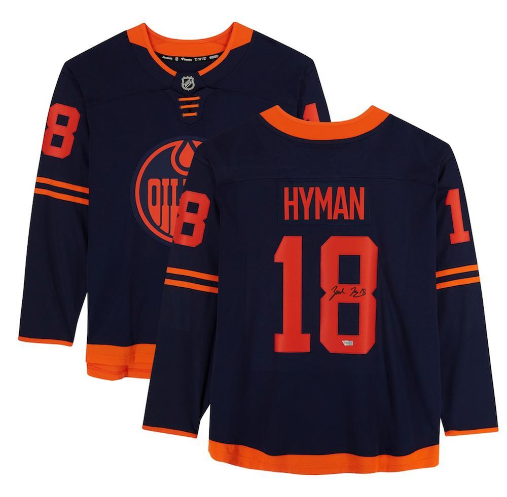 ZACH HYMAN Autographed Edmonton Oilers Alternate Navy Fanatics Breakaway Jersey FANATICS