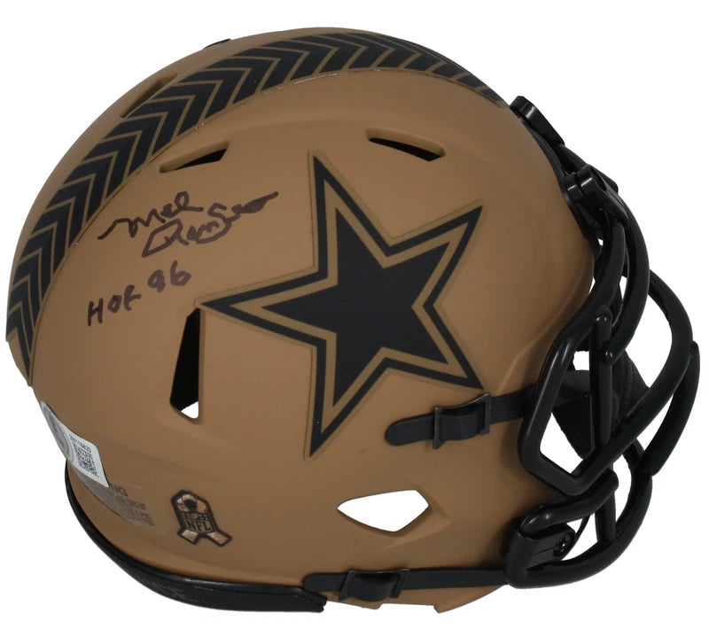 Mel Renfro Autographed/Inscribed "HOF '96" Dallas Cowboys 2023 Salute to Service Speed Mini Helmet Beckett Witnessed