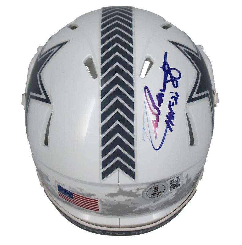 Drew Pearson Autographed/Inscribed "HOF '21" Dallas Cowboys 2024 Salute to Service Speed Mini Helmet Beckett Witnessed