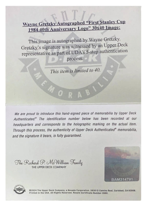 Wayne Gretzky Autographed Edmonton Oilers First Stanley Cup 1984 40th Anniversary Logo 30"x40" Photo Collage LE 34/40 UDA