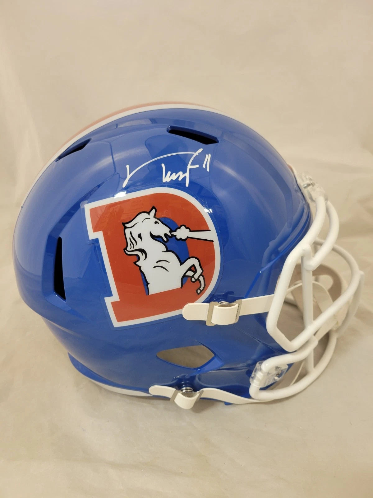 Troy Franklin Autographed Denver Broncos 1975-96 Throwback Speed Full Size Helmet Beckett Witnessed