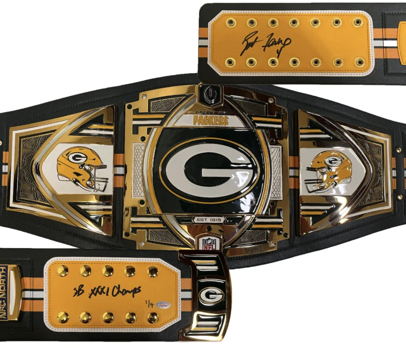 Brett Favre Autographed/Inscribed "SB XXXI Champs" Green Bay Packers Green Bay Packers Championship Belt LE 1/4 GDL/Beckett
