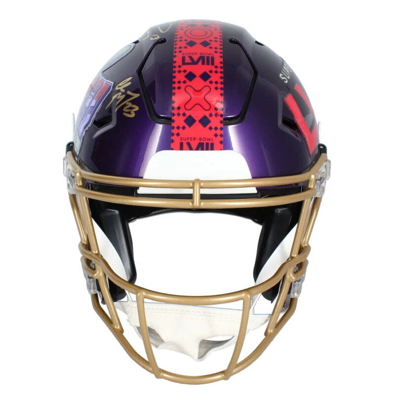 Brock Purdy/Christian McCaffrey/Deebo Samuel Triple Autographed Super Bowl LVIII Speedflex Authentic Helmet Fanatics LE 24