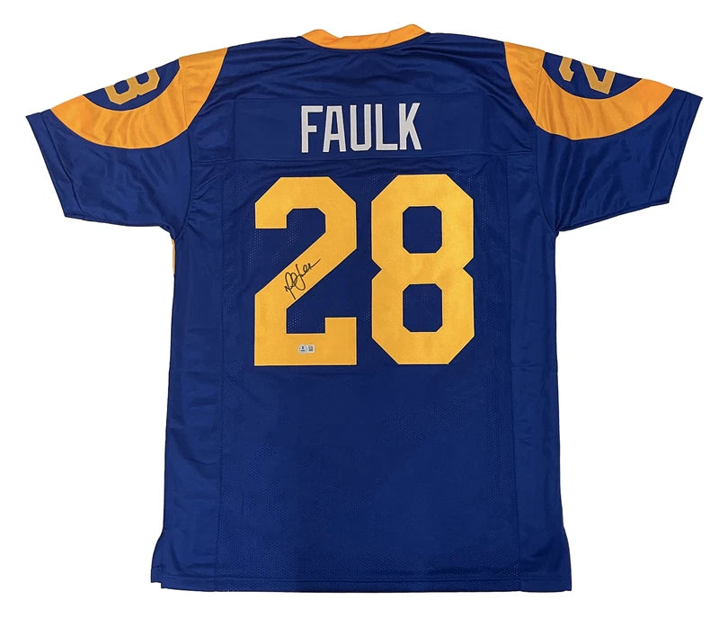 Marshall Faulk Autographed #28 Royal Blue Throwback Custom Jersey Beckett Witnessed