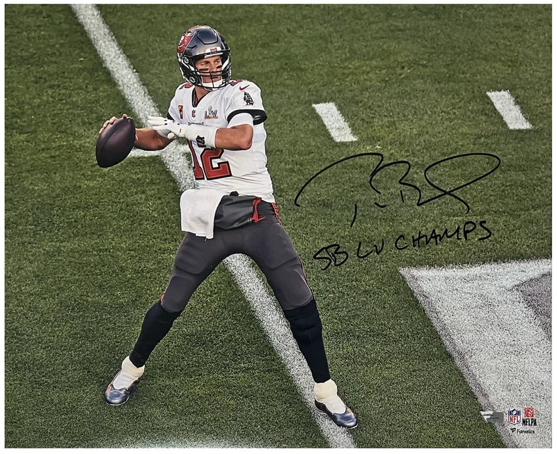 Tom Brady Tampa Bay Buccaneers Autographed 16" x 20" Super Bowl LV Champions Super Bowl LV Action Photograph with "LV CHAMPS" Inscription Fanatics