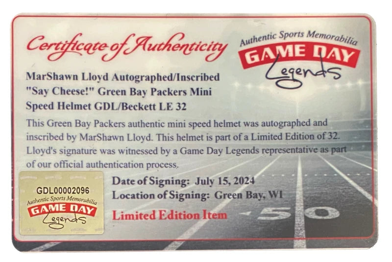 MarShawn Lloyd Autographed/Inscribed "Say Cheese!" Green Bay Packers Speed Mini Helmet GDL/Beckett LE 32/32