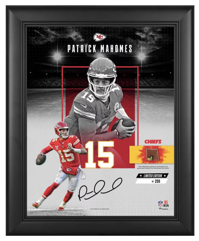 Patrick Mahomes Kansas City Chiefs Facsimile Signature Framed 11" x 14" Impact Collage with a Piece of Game-Used Football LE 250 Fanatics