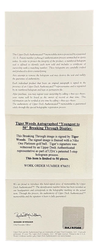 Tiger Woods Autographed Youngest to 50 Tour Titles Framed Breaking Through Display LE 8/50 UDA