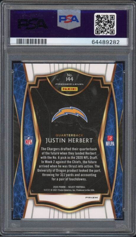 JUSTIN HERBERT 2020 PANINI SELECT SILVER PRIZM RC #144 CHARGERS PSA GEM MINT 10