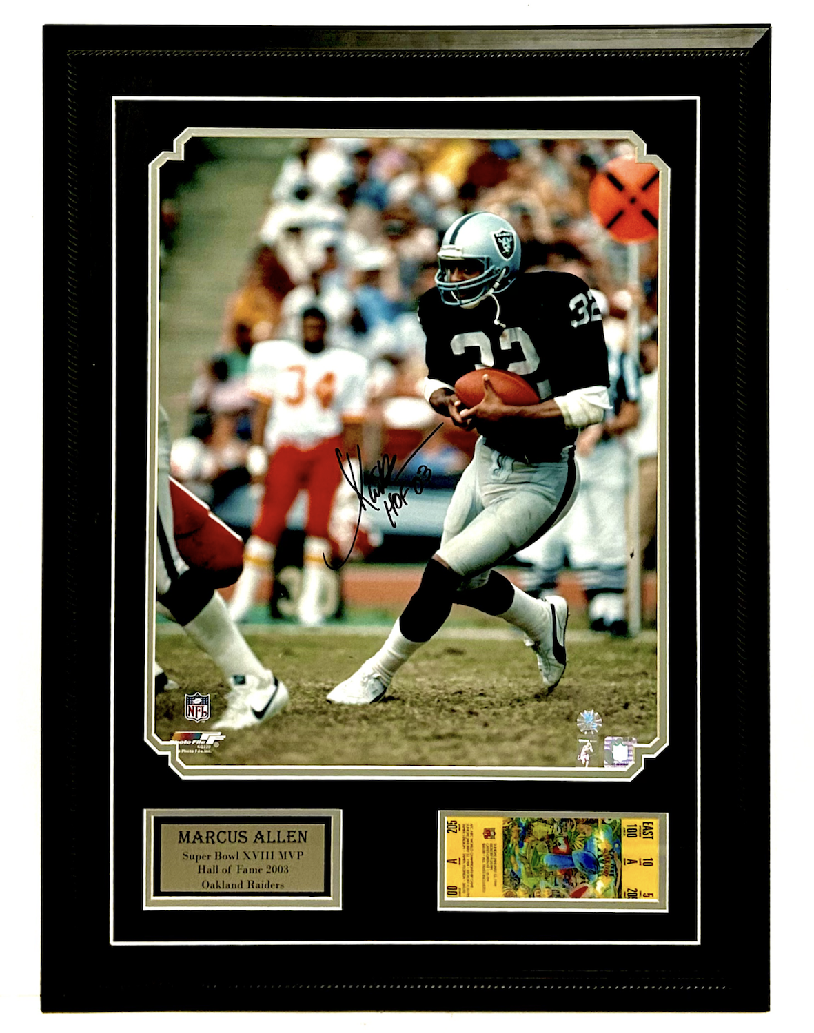 Marcus Allen Autographed/Inscribed "HOF 03" Raiders Custom Framed 16" x 20" Photo with Plaque and Replica Ticket World of Sports