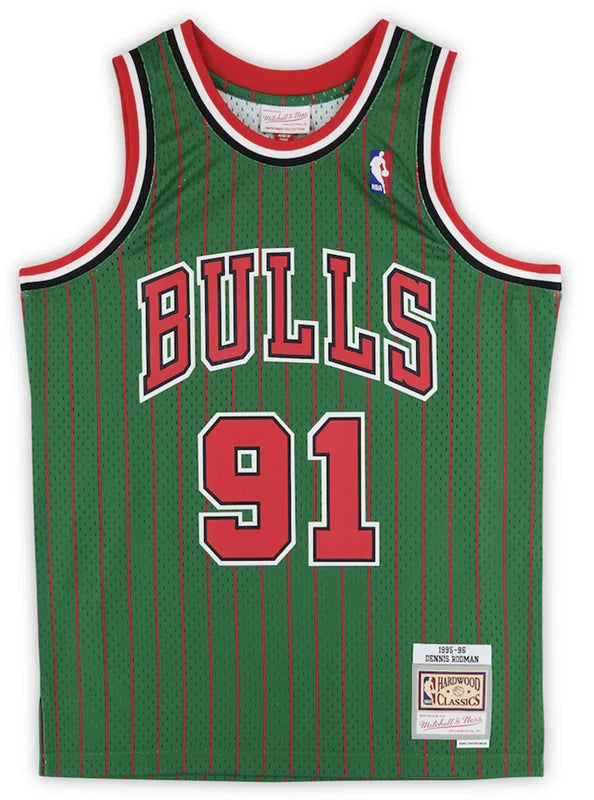 Dennis Rodman Autographed/Inscribed "5x Champ" Chicago Bulls Green Mitchell & Ness 1995-96 Authentic Jersey Fanatics
