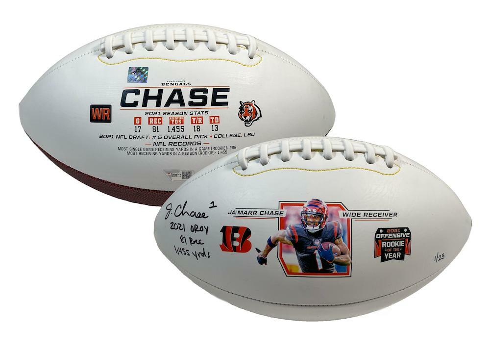 JA'MARR CHASE Autographed/Inscribed "2021 OROY 81 Rec 1,455 yrds" Cincinnati Bengals White Panel Football FANATICS LE 1/25