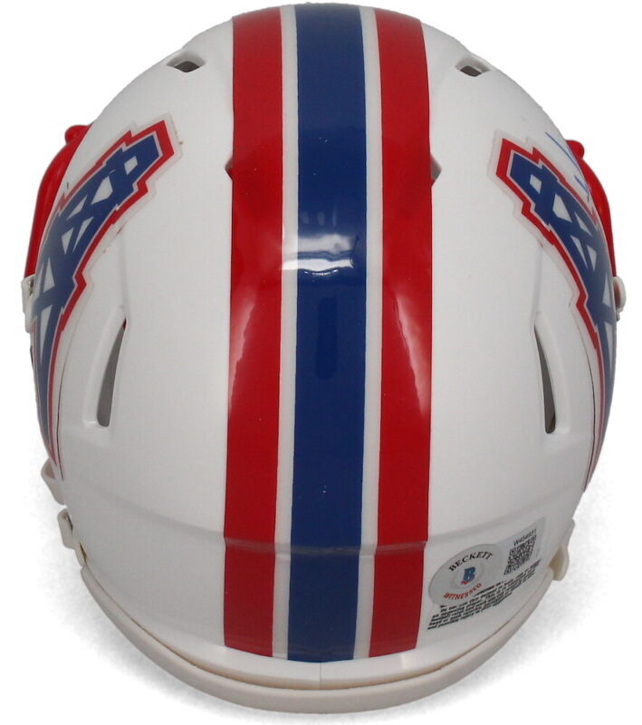 Warren Moon Autographed/Inscribed "HOF 06" Houston Oilers 1981-98 Throwback Speed Mini Helmet Beckett Witnessed