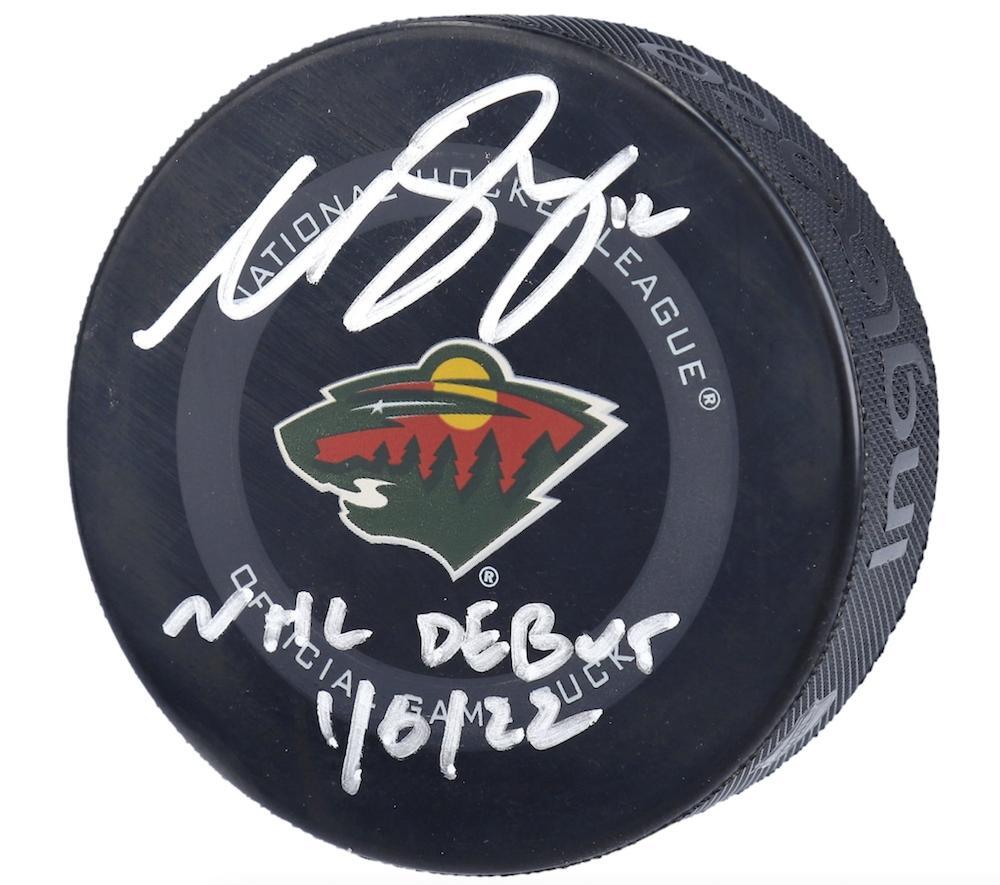 MATTHEW BOLDY Autographed/Inscribed "NHL DEBUT 1/6/22" Minnesota Wild Official NHL Game Puck FANATICS