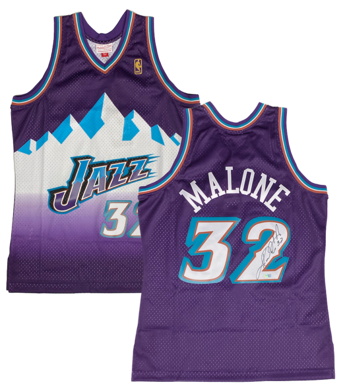 KARL MALONE Autographed Utah Jazz Mitchell & Ness Purple 1996 Road Swingman Jersey FANATICS