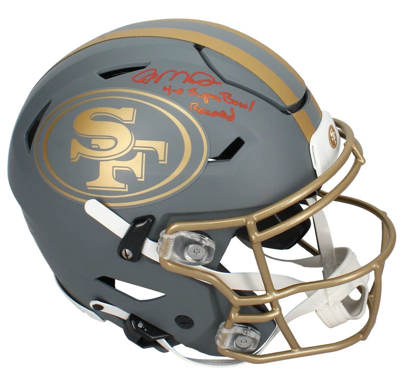 Joe Montana Autographed/Inscribed "4-0 Super Bowl Record" San Francisco 49ers Slate Speedflex Authentic Helmet Fanatics LE 25